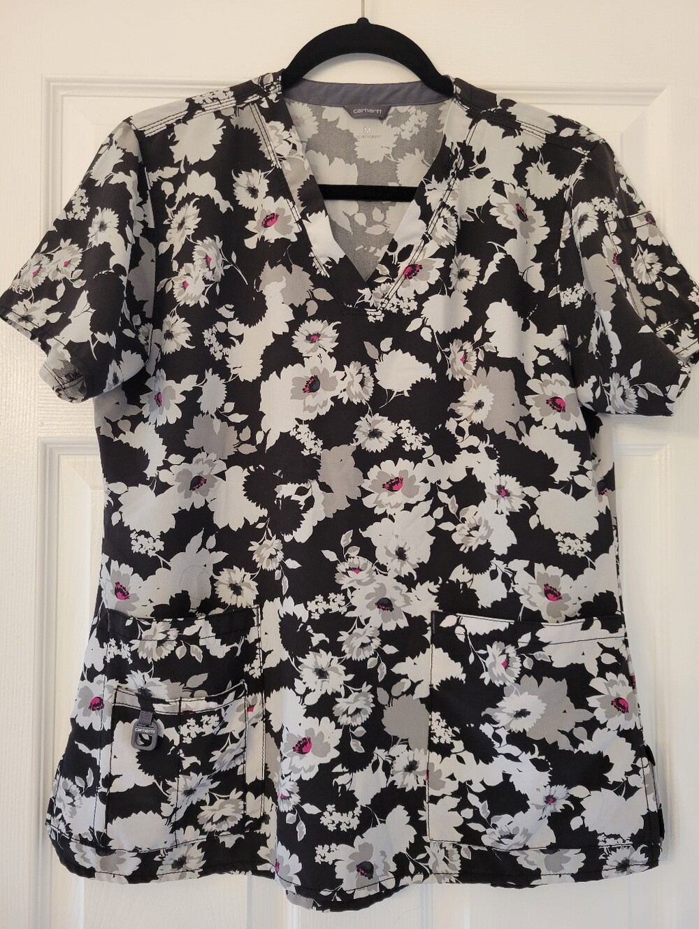 Carhartt Black & White Floral V-Neck Scrub Top with Pink Accents